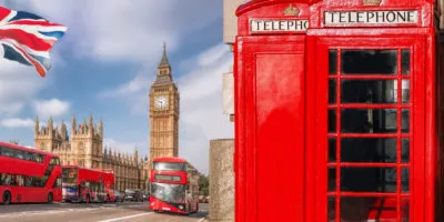 London symbols with BIG BEN, DOUBLE DECKER BUS and Red Phone Booths in England, UK